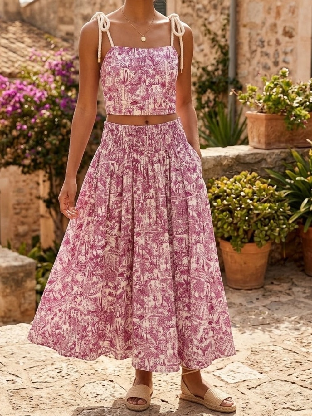 Joie Pink Printed Maxi Skirt Set with Tie Straps